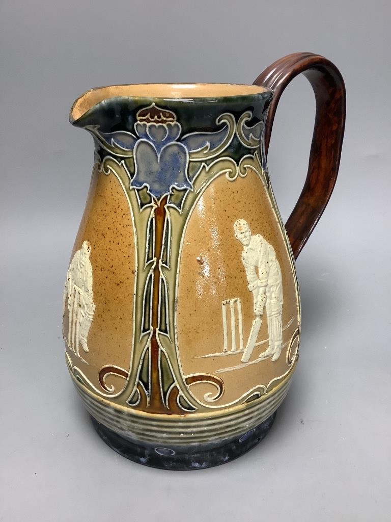 Cricket Interest- A Doulton Lambeth cricketing jug, c.1900, height 20.5cm